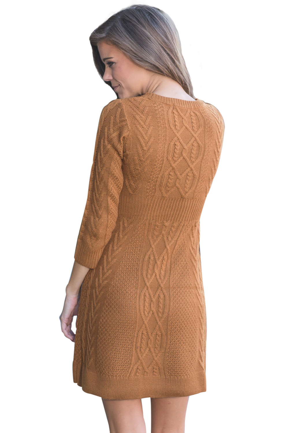 BY27692-17 Brown Cable Knit Fitted Sweater Dress